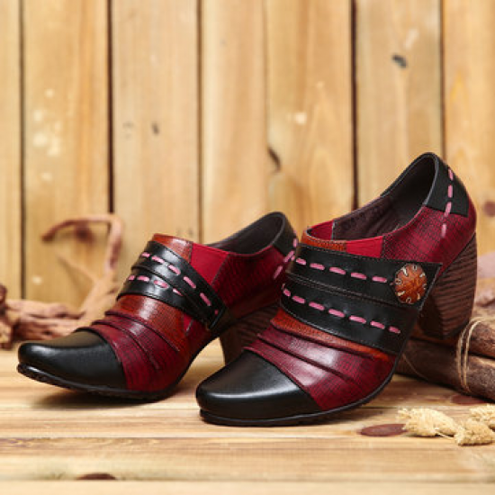 SOCOFY Retro Splicing Multicolors Simple Casual Style Genuine Leather Slip On Pumps for Pumps