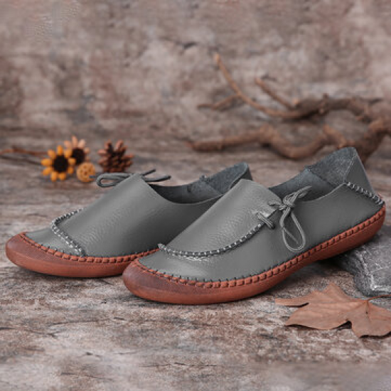 Women Larger Size Cow Split Leather Handmade Stitching Non Slip Casual Loafers for Flat & Loafers