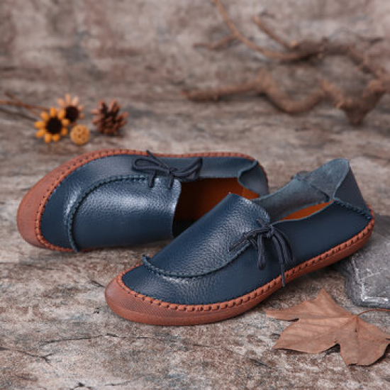 Women Larger Size Cow Split Leather Handmade Stitching Non Slip Casual Loafers for Flat & Loafers