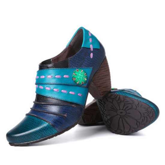 SOCOFY Retro Splicing Multicolors Simple Casual Style Genuine Leather Slip On Pumps for Pumps