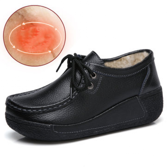 Women Casual Winter Warm Plush Lining Leather Lace Up Platforms Shoes for Flat & Loafers