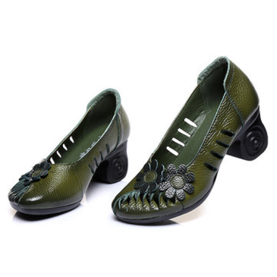 SOCOFY Retro Hollow Out Handmade Flower Pattern Leather Pumps for Pumps