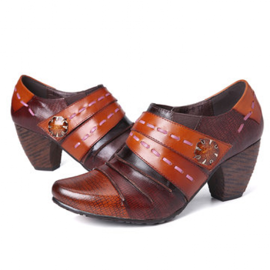 SOCOFY Retro Splicing Multicolors Simple Casual Style Genuine Leather Slip On Pumps for Pumps