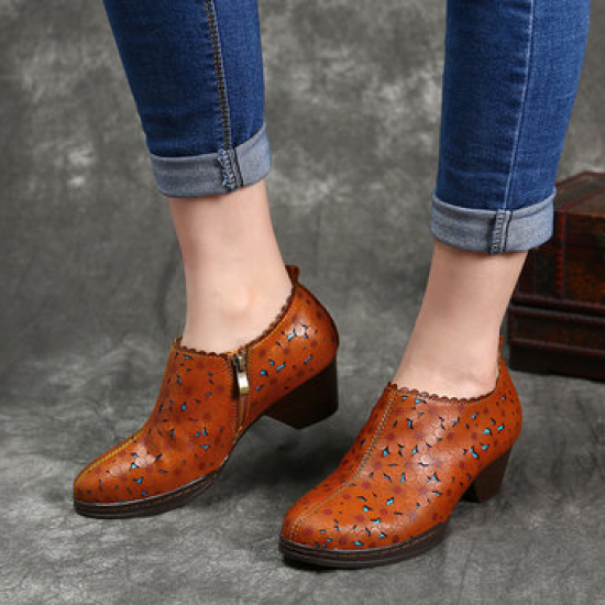 SOCOFY Retro Flowers Pattern Hollow Genuine Leather Low Heel Comfortable Stitching Zipper Pumps for Pumps