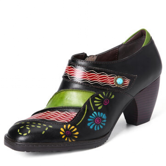 SOCOFY Retro Splicing Flower Pattern Genuine Leather Zipper Slip On Pumps for Pumps
