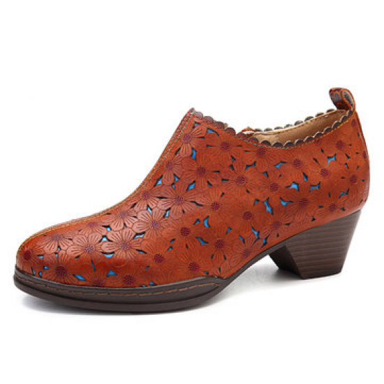 SOCOFY Retro Flowers Pattern Hollow Genuine Leather Low Heel Comfortable Stitching Zipper Pumps for Pumps