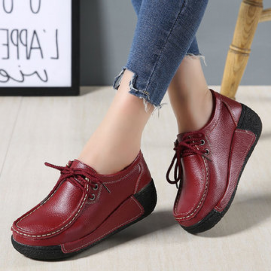 Women Casual Winter Warm Plush Lining Leather Lace Up Platforms Shoes for Flat & Loafers