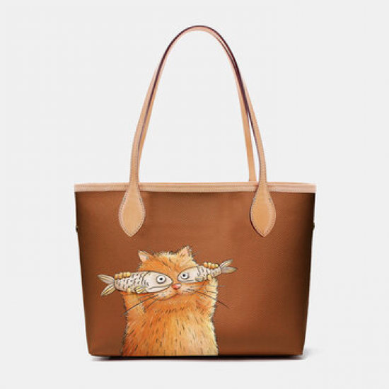 Women 2 PCS Cat Pattern Tote Shoulder Bag for Handbags