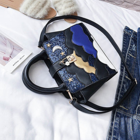 Women Sequins PU Leather Handbag Stitching Crossbody Bag for Handbags