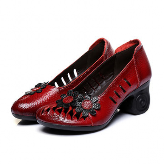 SOCOFY Retro Hollow Out Handmade Flower Pattern Leather Pumps for Pumps