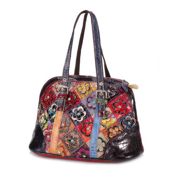 Women Floral Bohemian Genuine Leather Handbags Shell Large Capacity Crossbody Bags for Handbags