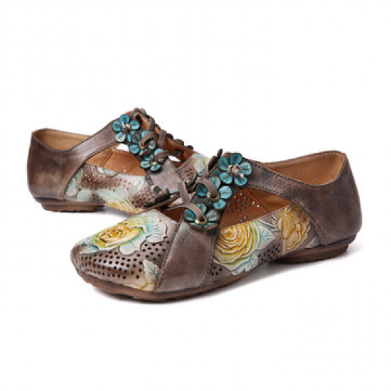 SOCOFY Retro Embossed Flower Splicing Floral Lace Up Slip On Shoes for Flat & Loafers
