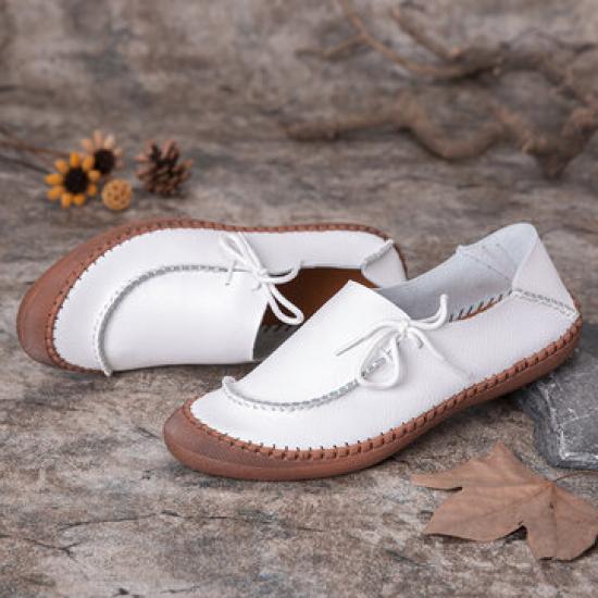 Women Larger Size Cow Split Leather Handmade Stitching Non Slip Casual Loafers for Flat & Loafers