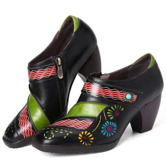 SOCOFY Retro Splicing Flower Pattern Genuine Leather Zipper Slip On Pumps for Pumps